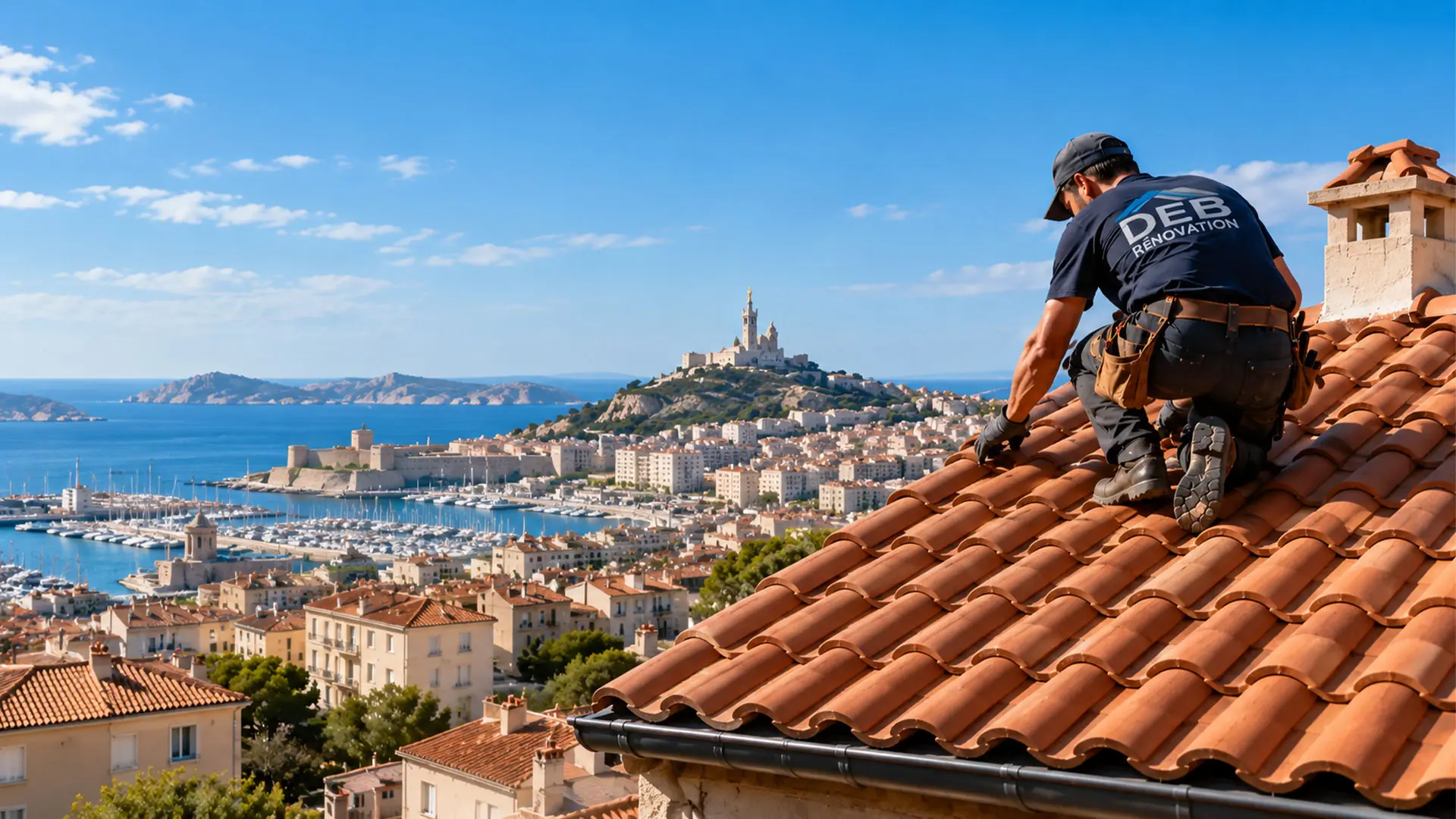 Couvreur DEB Rénovation sur un toit en tuiles à Marseille, vue sur Notre-Dame-de-la-Garde