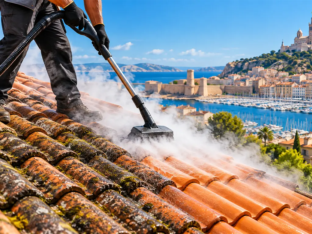 Nettoyage vapeur de toiture en tuiles à Marseille, élimination des mousses sans haute pression
